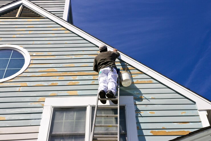 low angle view man painting house whilestanding ladder